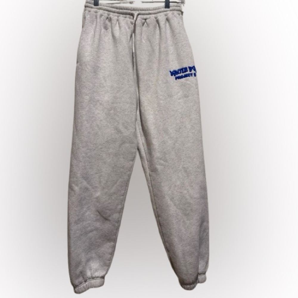 White Fox Boutique Light Gray Jogger Track Pants with Blue Logo